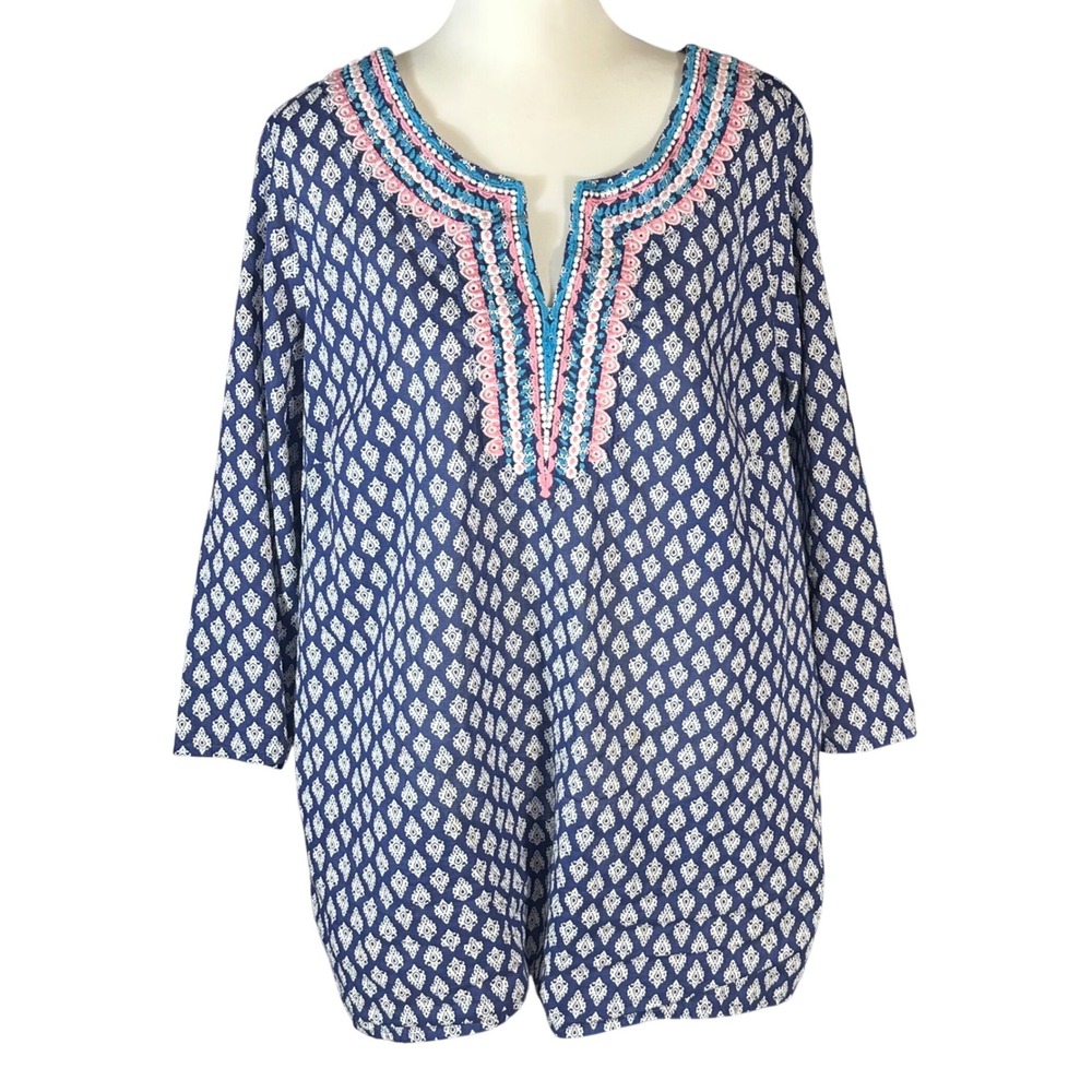 Talbots Tunic Women 1X Blue White Geometric Embroidered Split Neck Cotton Top
